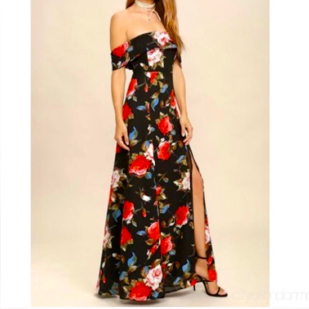 Lulu’s Off Shoulder Black Floral Leg Slit Maxi Dress